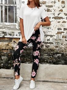 SHEIN LUNE 素色T恤和印花緊身打底褲 - 白色 - 查看 1