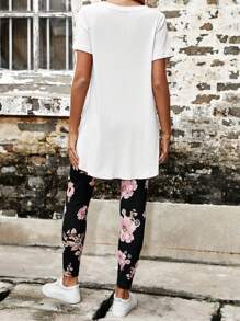 SHEIN LUNE 素色T恤和印花緊身打底褲 - 白色 - 查看 2