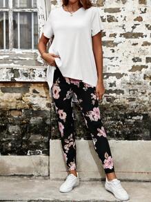 SHEIN LUNE 素色T恤和印花緊身打底褲 - 白色 - 查看 4