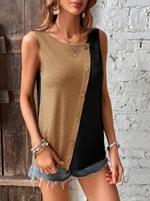 SHEIN LUNE Two Tone Button Detail Tank Top - Camel - View 6