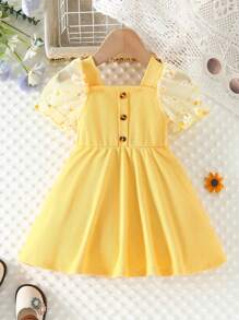 SHEIN Đầm em bé Nút Tương phản Mesh Hoa - Màu vàng - Xem 1