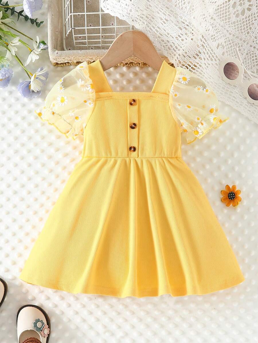 SHEIN Đầm em bé Nút Tương phản Mesh Hoa - Màu vàng - Xem 1