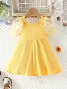 SHEIN Đầm em bé Nút Tương phản Mesh Hoa - Màu vàng - Xem 2