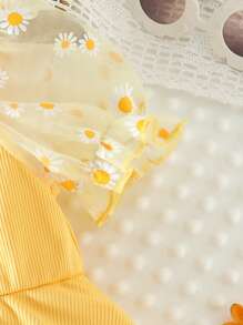 SHEIN Đầm em bé Nút Tương phản Mesh Hoa - Màu vàng - Xem 3