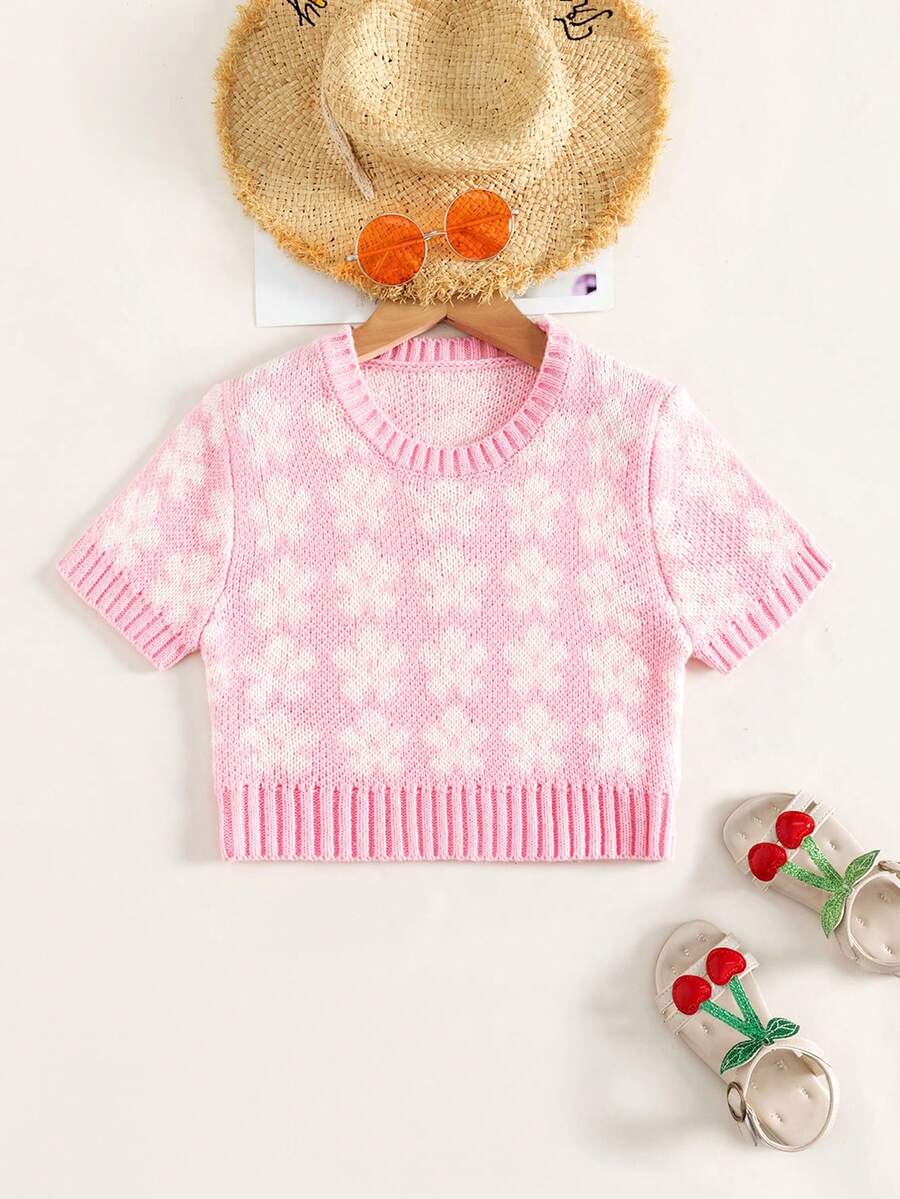 SHEIN 女孩花卉圖案針織短上衣 - 粉色 - 查看 1