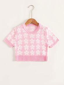 SHEIN 女孩花卉圖案針織短上衣 - 粉色 - 查看 3