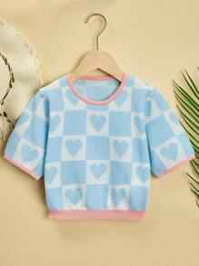 Girls Checkerboard & Heart Pattern Jumper - Blue and White - View 1