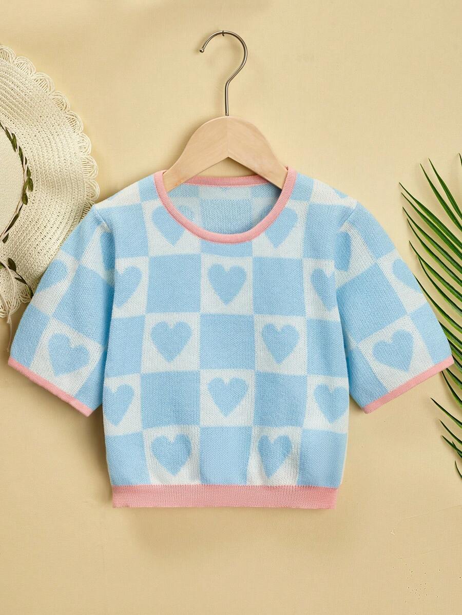 Girls Checkerboard & Heart Pattern Jumper - Blue and White - View 1