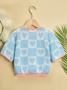 Girls Checkerboard & Heart Pattern Jumper - Blue and White - View 2