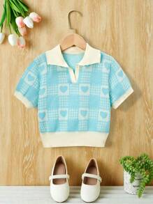 SHEIN Girls Heart & Plaid Pattern Contrast Collar Jumper - Blue - View 1