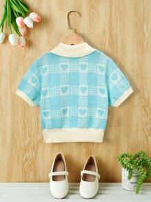 SHEIN Girls Heart & Plaid Pattern Contrast Collar Jumper - Blue - View 2