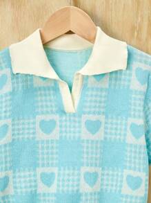SHEIN Girls Heart & Plaid Pattern Contrast Collar Jumper - Blue - View 3