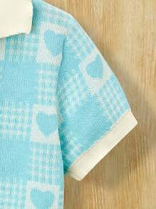 SHEIN Girls Heart & Plaid Pattern Contrast Collar Jumper - Blue - View 4