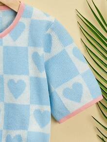 Girls Checkerboard & Heart Pattern Jumper - Blue and White - View 5