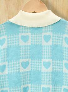 SHEIN Girls Heart & Plaid Pattern Contrast Collar Jumper - Blue - View 6