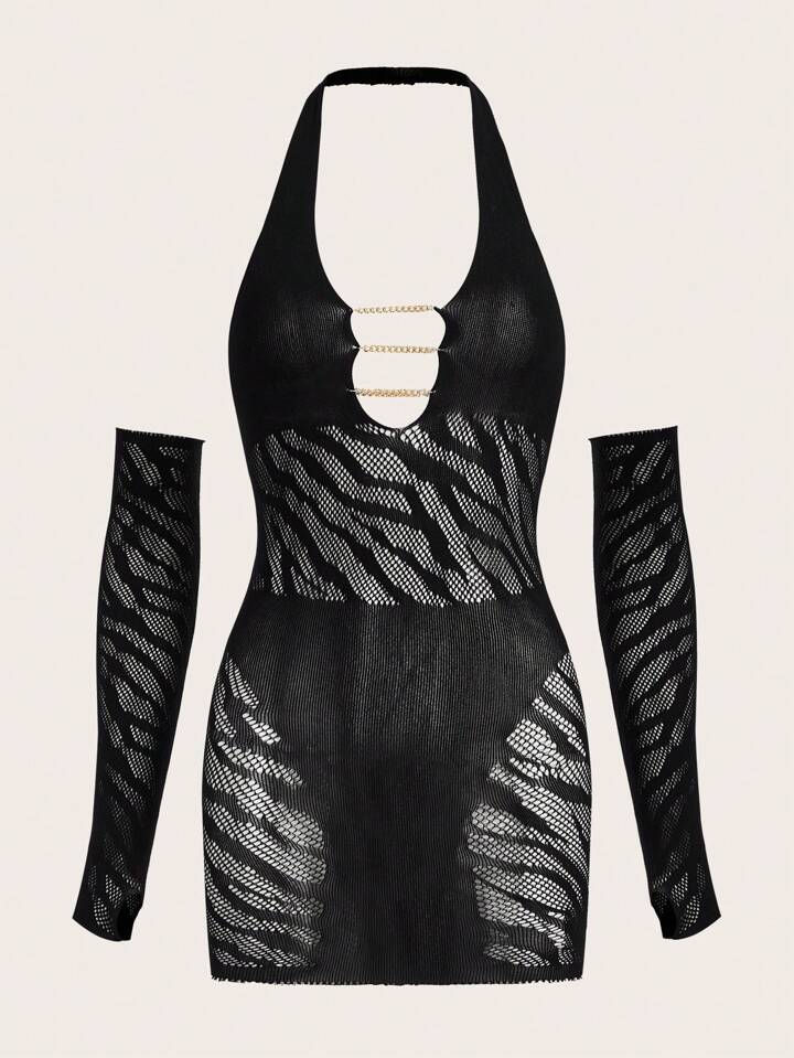 Our Cut Out Fishnet Dress With 1pair Oversleeves is such a vibe - ROMWE