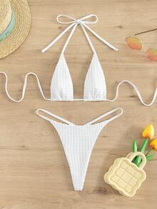 Plain Halter Triangle Bikini Set For Summer Beach - White - View 3