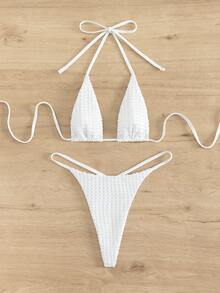 Plain Halter Triangle Bikini Set For Summer Beach - White - View 6