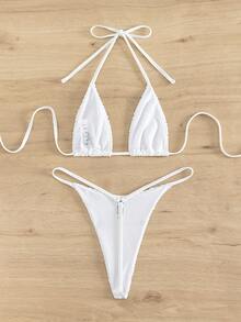 Plain Halter Triangle Bikini Set For Summer Beach - White - View 7