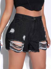 SHEIN EZwear Plus Ripped Raw Hem Denim Shorts - Black - View 6