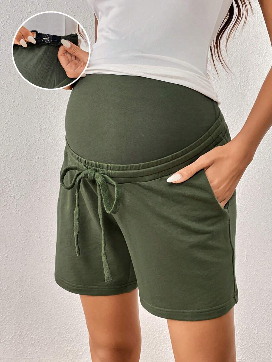 SHEIN Maternity Adjustable Drawstring Waist Slant Pocket Shorts - Army Green - View 1