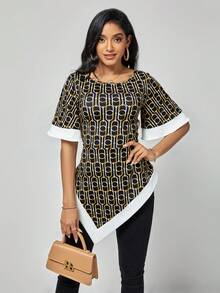 SHEIN Clasi Áo thun nữ Bất đối xứng Tương phản ràng buộc Hình học Tất cả trên in Giải trí - Nhiều màu - Xem 3