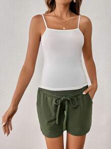 SHEIN Maternity Adjustable Drawstring Waist Slant Pocket Shorts - Army Green - View 5