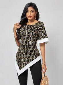 SHEIN Clasi Áo thun nữ Bất đối xứng Tương phản ràng buộc Hình học Tất cả trên in Giải trí - Nhiều màu - Xem 6