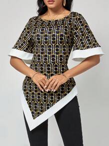 SHEIN Clasi Áo thun nữ Bất đối xứng Tương phản ràng buộc Hình học Tất cả trên in Giải trí - Nhiều màu - Xem 1