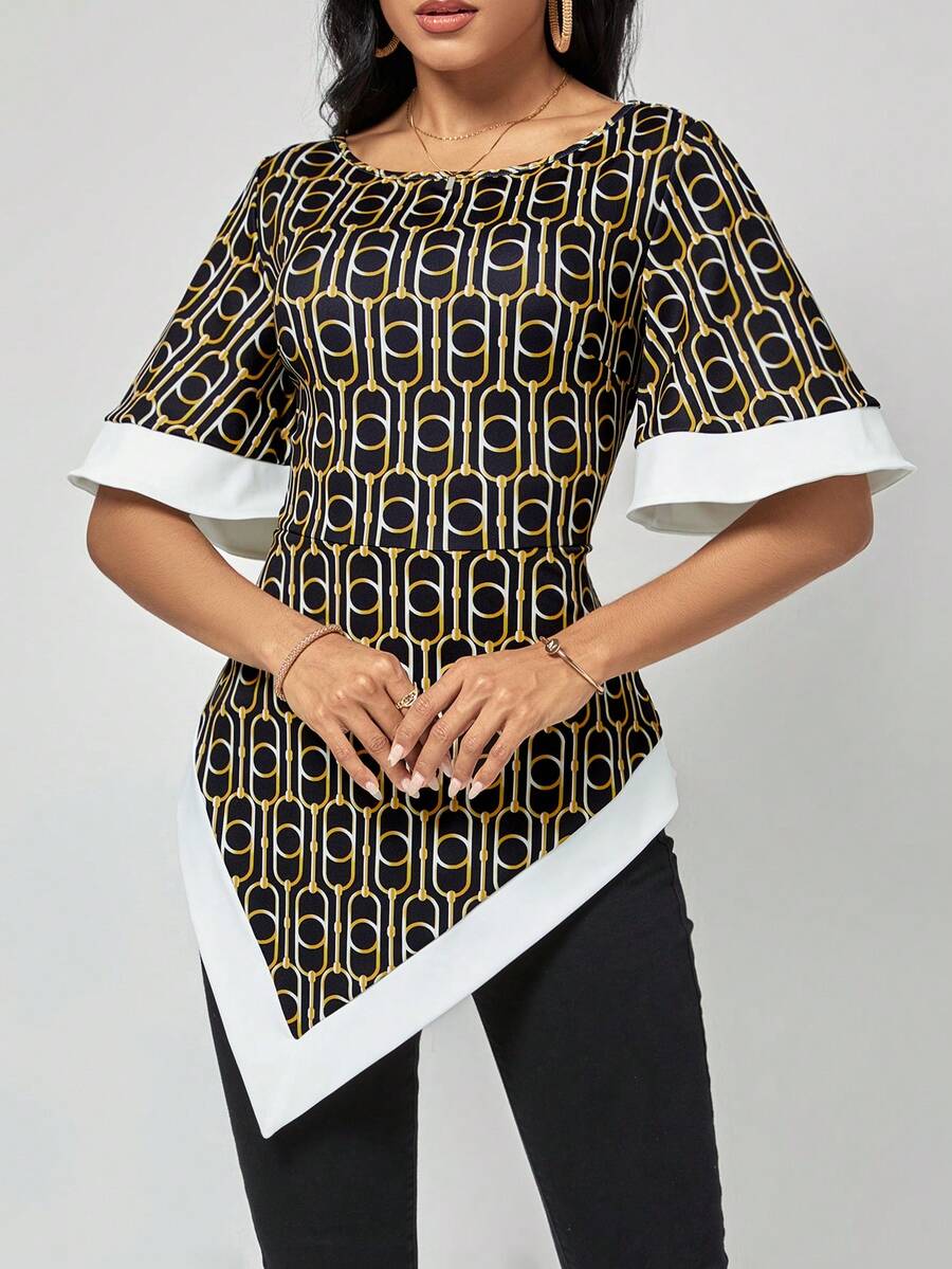 SHEIN Clasi Áo thun nữ Bất đối xứng Tương phản ràng buộc Hình học Tất cả trên in Giải trí - Nhiều màu - Xem 1