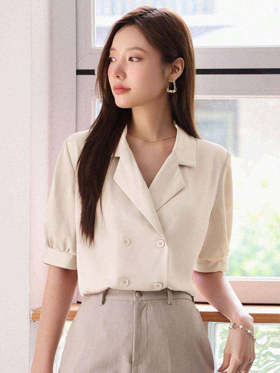 DAZY Lapel Neck Double Breasted Blouse - Apricot - View 1