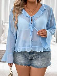 Celure Plus Ruffle Trim Flare Sleeve Knot Front Chiffon Blouse Without Bra - Blue - View 2