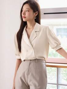 DAZY Lapel Neck Double Breasted Blouse - Apricot - View 3