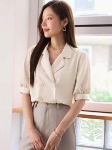DAZY Lapel Neck Double Breasted Blouse - Apricot - View 4