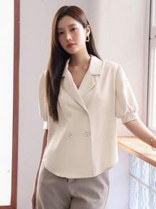 DAZY Lapel Neck Double Breasted Blouse - Apricot - View 5