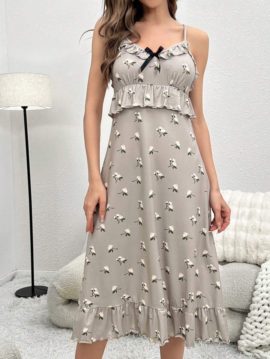 印花荷葉邊荷葉邊吊帶睡裙 - 摩卡棕 - 查看 1