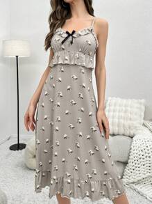 印花荷葉邊荷葉邊吊帶睡裙 - 摩卡棕 - 查看 3