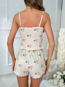 Floral Print Lace Trim Cami Top & Shorts PJ Set - Apricot - View 2