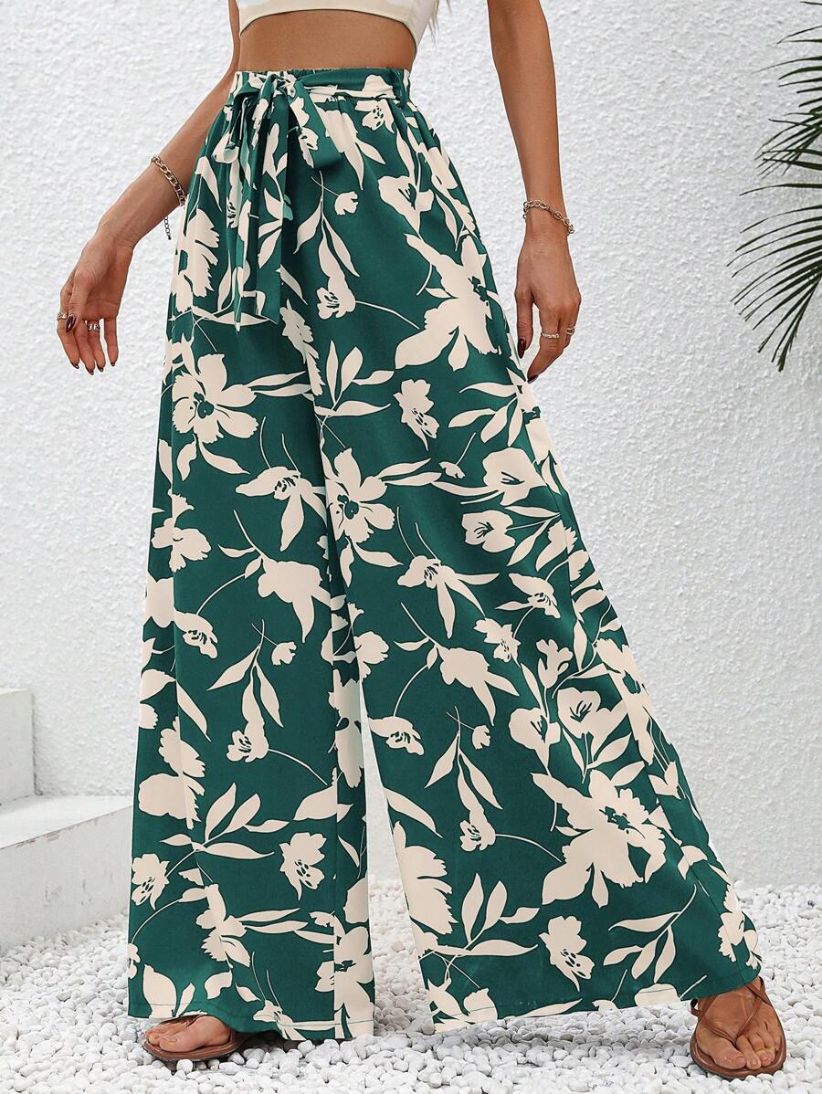 SHEIN VCAY Quần nữ Thắt lưng Hoa Boho - Màu xanh lá cây đậm - Xem 1