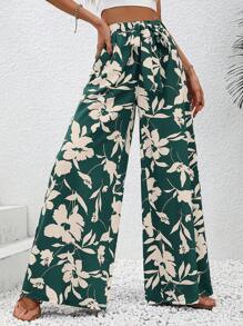 SHEIN VCAY Quần nữ Thắt lưng Hoa Boho - Màu xanh lá cây đậm - Xem 3