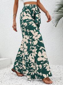 SHEIN VCAY Quần nữ Thắt lưng Hoa Boho - Màu xanh lá cây đậm - Xem 4