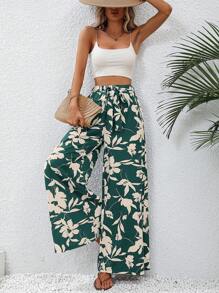 SHEIN VCAY Quần nữ Thắt lưng Hoa Boho - Màu xanh lá cây đậm - Xem 5