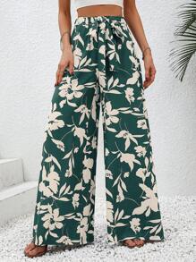 SHEIN VCAY Quần nữ Thắt lưng Hoa Boho - Màu xanh lá cây đậm - Xem 6