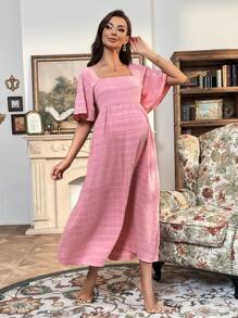 SHEIN Maternity Square Neck Butterfly Sleeve Dress - Pink - View 4