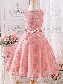 SHEIN Glamorique Kids Đầm ren cổ tròn thanh lịch cho bé gái Tween có nơ trang trí eo - Hồng - Xem 1