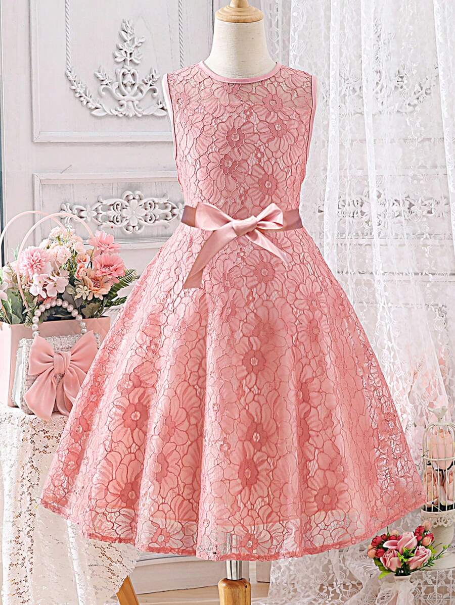 SHEIN Glamorique Kids Đầm ren cổ tròn thanh lịch cho bé gái Tween có nơ trang trí eo - Hồng - Xem 1