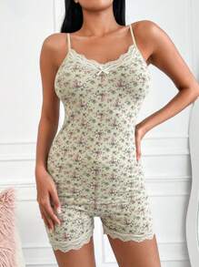 RueChic Ditsy Floral Print Lace Trim Bow Front Cami PJ Set - Mint Green - View 3