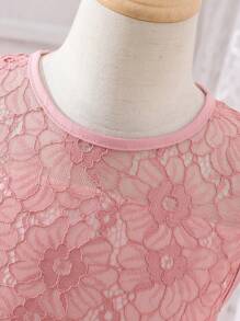 SHEIN Glamorique Kids Đầm ren cổ tròn thanh lịch cho bé gái Tween có nơ trang trí eo - Hồng - Xem 3