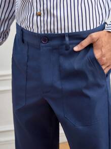 Manfinity NiteLyfe 男士素色斜口袋長褲 - 藏蓝色 - 查看 4