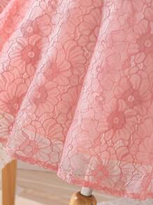 SHEIN Glamorique Kids Đầm ren cổ tròn thanh lịch cho bé gái Tween có nơ trang trí eo - Hồng - Xem 5